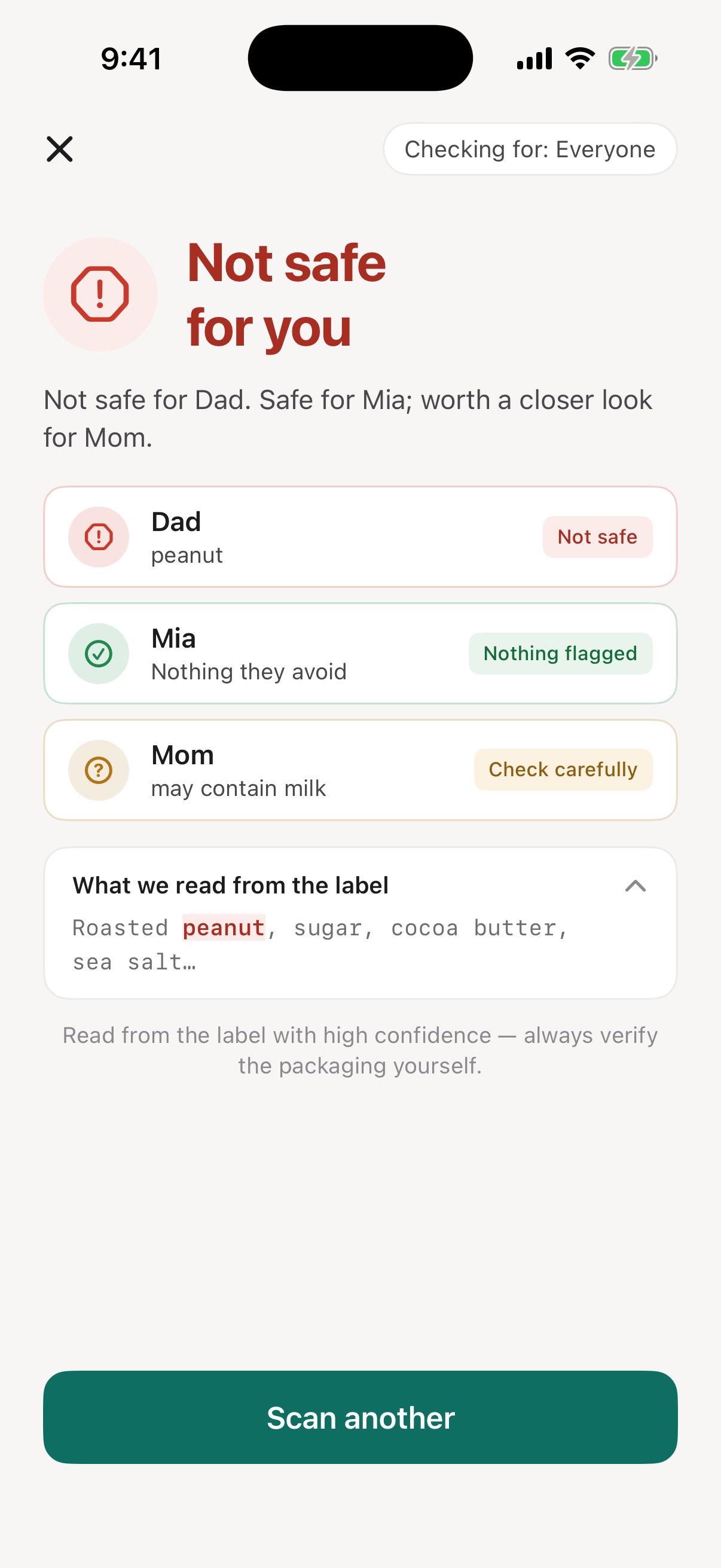One scan checks the whole family, showing who each product is safe for