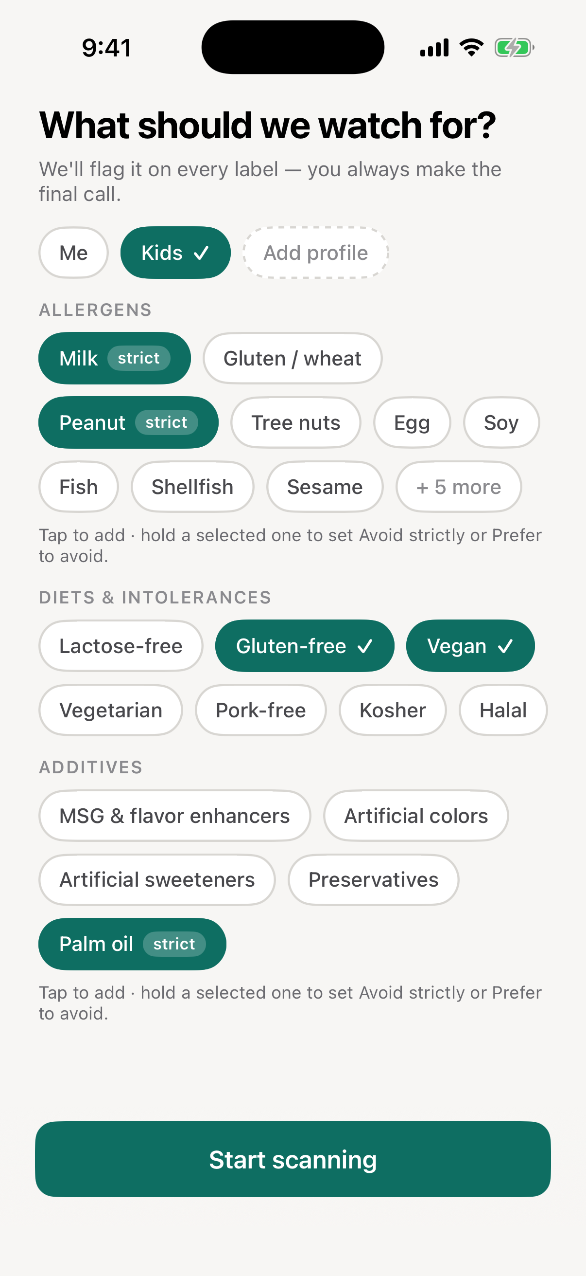 Choose the allergens and diets to watch for