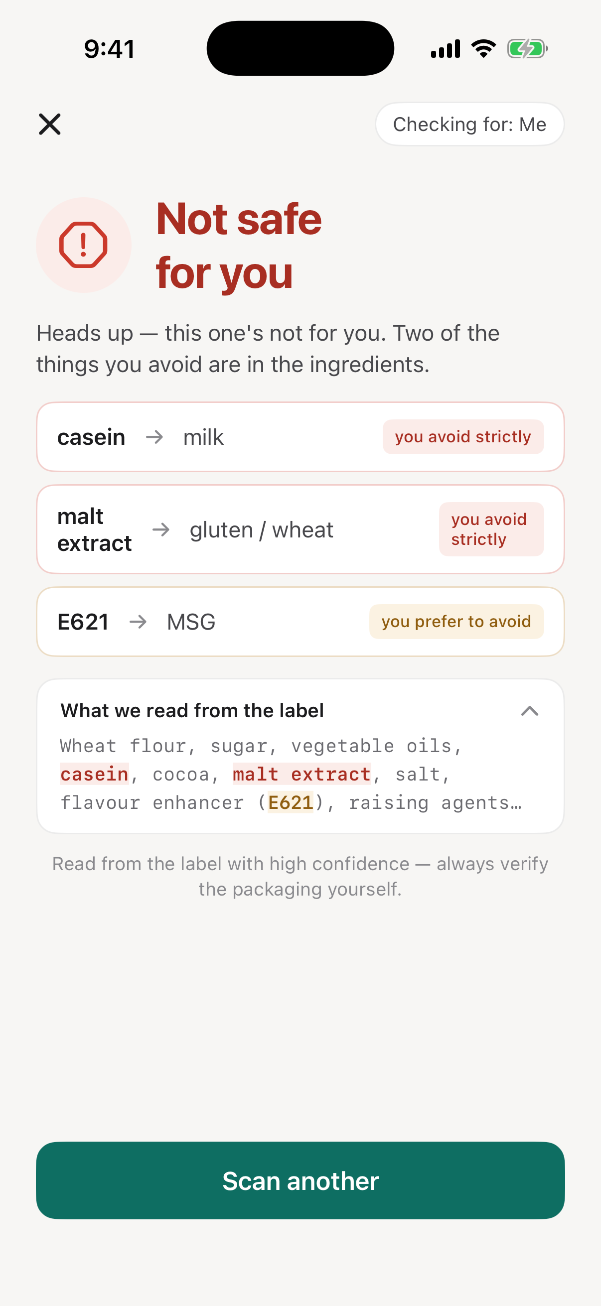 Titano showing a Not safe verdict with the matched ingredients